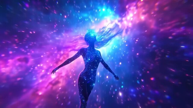 Stardust Ascent: A Cosmic Being Emerges in a Nebula of Dreamlike Purple and Blue Radiance