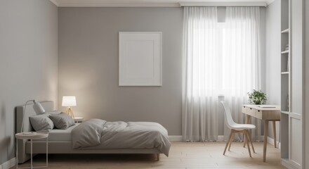 Minimalist modern bedroom with soft grey walls and natural light from large window