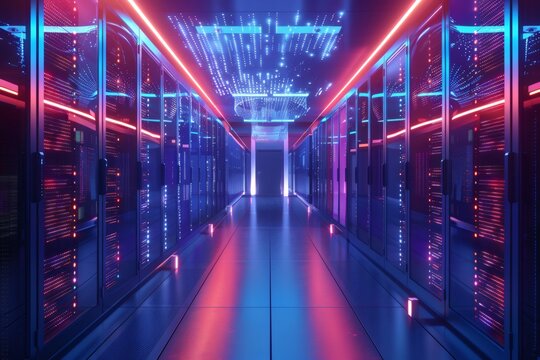 Server room displaying futuristic neon data center technology corridor