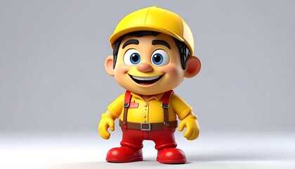 Cheerful Cartoon Construction Worker with Yellow Hard Hat.