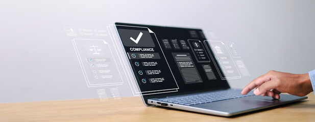 Compliance in business concept. Laws concept. Enforce laws, regulations and standards. requirements, audit diagram on virtual screen.
