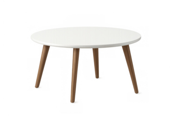 Round coffee table featuring white top and wooden legs, modern furniture design creating comfort in home interior