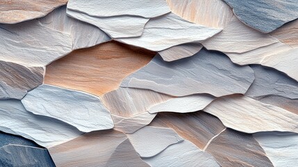 A close-up, abstract view of a wall or surface covered in irregularly shaped stone tiles, featuring a mix of warm earthy tones and cool blue-gray hues.