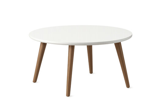 Round coffee table featuring white top and wooden legs, modern furniture design creating comfort in home interior