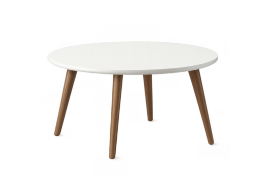 Round coffee table featuring white top and wooden legs, modern furniture design creating comfort in home interior