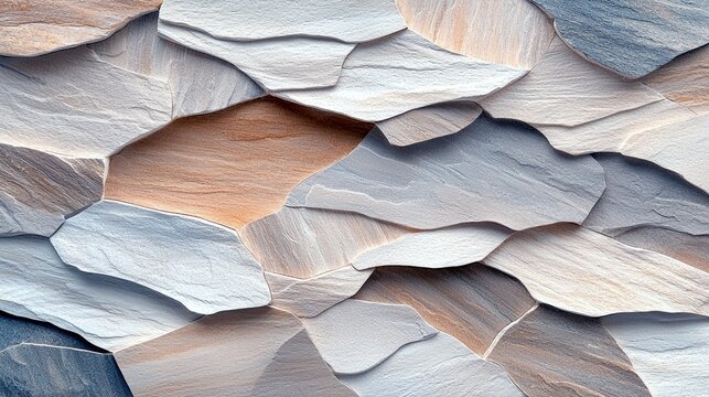 A close-up, abstract view of a wall or surface covered in irregularly shaped stone tiles, featuring a mix of warm earthy tones and cool blue-gray hues.