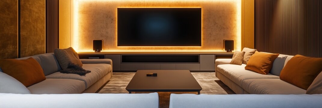 Cozy, futuristic gaming lounge interior featuring plush, comfortable sofas, vibrant abstract art on screens, and warm ambient lighting, creating a luxurious entertainment space. - Powered by Adobe