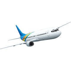 White Passenger Airplane with Blue Tail and Rainbow Stripe Flying Against Transparent Background Detailed Engine and Window View