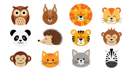 Fototapeta premium Cute cartoon animal faces collection on a white background, featuring various wild and domestic animals.