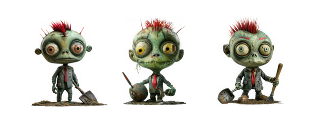 Three cartoon zombies with mohawks and shovels, isolated on transparent background