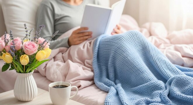 Woman reading a book while sitting in bed with flowers and coffee on bedside table