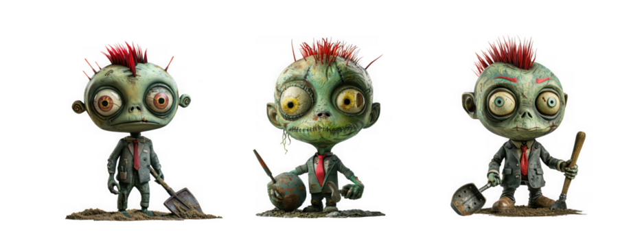 Three cartoon zombies with mohawks and shovels, isolated on transparent background
