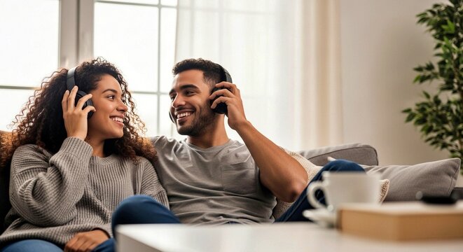 Young couple smiling while listening to music on headphones at home  