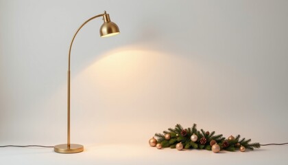 arc floor lamp in brushed brass, rustic farmhouse, emitting a soft rose hue, featuring harmonious sound activated glow, isolated on pure white background with no shadow. paired with a festive ornament