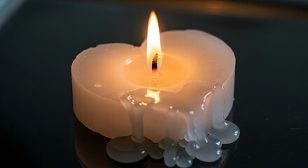 A close-up of a melting white candle with a glowing flame, creating a warm and calming atmosphere on a dark background