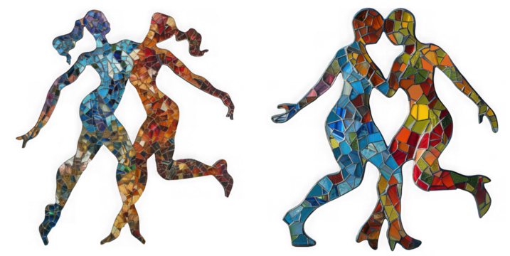 Two pairs of dancing figures, one pair in blue and orange, the other in blue and red, composed of colorful mosaic tiles, isolated on transparent background - Powered by Adobe
