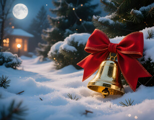 Golden Christmas Bell with Red Bow and Snowy Cottage
