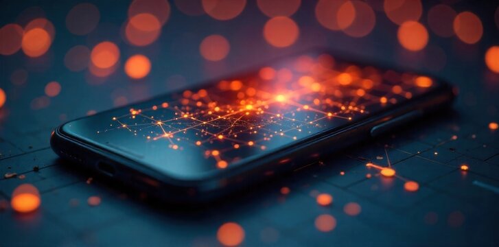 Android Device with Dynamic Data Visualization Overlay A modern Android smartphone screen displaying a vibrant, dynamic data visualization. Abstract, glowing lines connect luminous nodes, forming