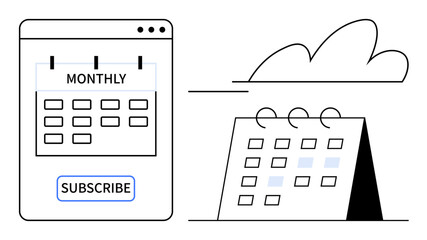 Calendar interface with Monthly label on website window, subscribe button, desk calendar, cloud. Ideal for planning, scheduling, subscription, productivity organization time management. Simple flat