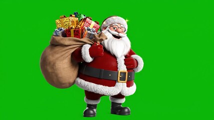 Friendly Santa Claus waving with sack of gifts on green screen, perfect for holiday greetings and Christmas promotion videos