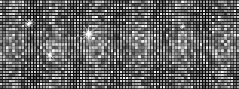 Disco ball pattern with silver texture background and mosaic mirror glitter design. Stylish square sequin style, perfect for party or club decor.