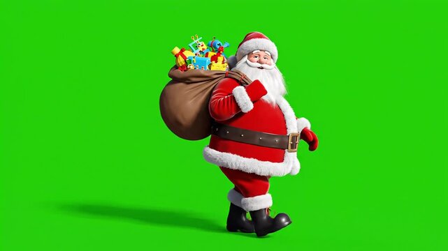 Santa Claus walks with a sack of presents on green screen, perfect for holiday animations and Christmas promotions with customizable background