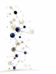 Obraz premium A network of interconnected spheres, some dark blue and others beige, linked by thin lines against a clean white backdrop.