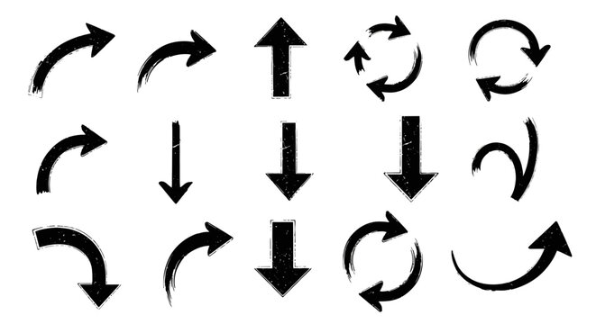 Collection of grunge arrow icons in different directions for design elements, navigation, and illustrations