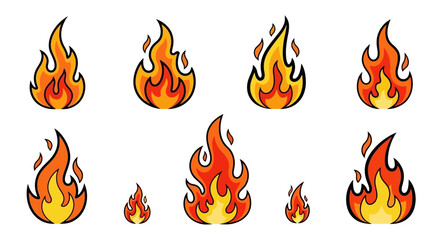 Set of cartoon fire flames in orange and yellow colors isolated on white background