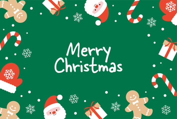 Christmas vector background with santa claus, gingerbread, gift box, candy cane and mittens