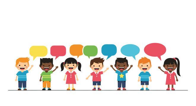 A diverse group of happy children from different backgrounds stand together, smiling and waving with colorful speech bubbles above their heads.