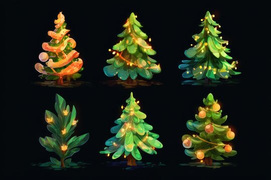 Enchanting Set of Six Luminous, Stylized Christmas Trees in a Painterly Art Style.