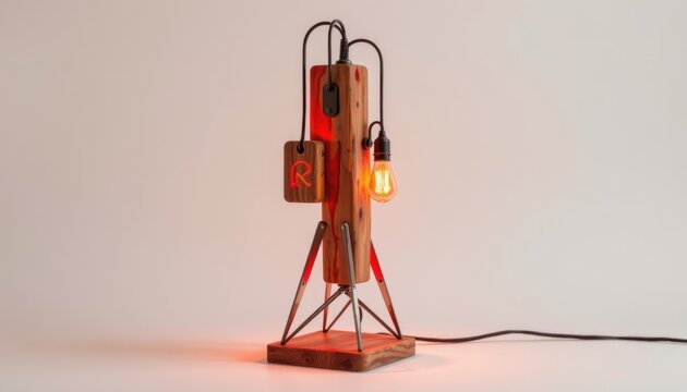 high resolution isolated image: a futuristic neon mood lamp made of reclaimed wood with stackable lantern set and mounted on a geometric stand, product style isolated shot on pure white background