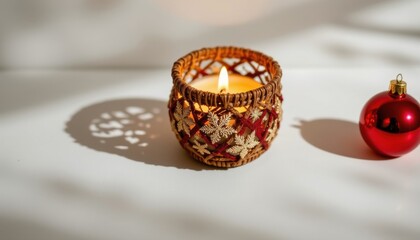 clean white background, minimal shadow: tealight candle holder with scent infused soy wax, festive holiday themed design, made of woven rattan, complemented by paired with a festive ornament