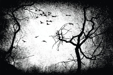 Silhouette of bare trees with flying birds. Gothic style black and white illustration	