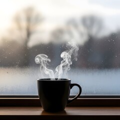 A black coffee mug sitting on a windowsill with steam rising, overlooking a frosty winter landscape with blurred trees in the background