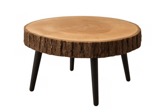 Rustic coffee table featuring natural wood slice top with bark edge, modern black legs, and transparent background - Powered by Adobe
