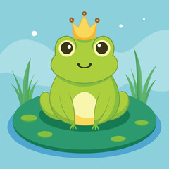 Fototapeta premium Cute cartoon green amphibian frog illustration sitting on a pond leaf or in the water