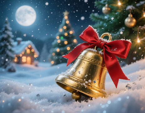 Golden Christmas Bell with Red Bow in Snowy Christmas Village - Powered by Adobe