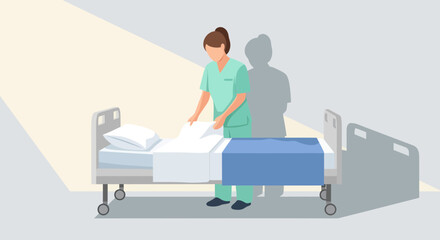 Hospital Bed Preparation With a Nurse, Illustration Depicting Care and Medical Assistance