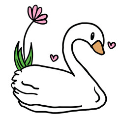 Cute hand drawn swan and flower for lake, river, cartoon, animal print, picnic, park, yard, summer vibe, poster, post card, nature, garden, social media post, sticker, zoo, souvenir shop, outdoors