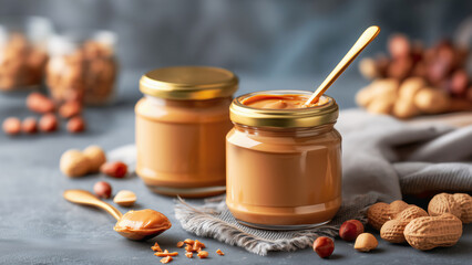 Fictional home-made two jars of smooth peanut butter with a spoon on a grey background, close-up view. There are some nuts and a glass jar in the background. 
