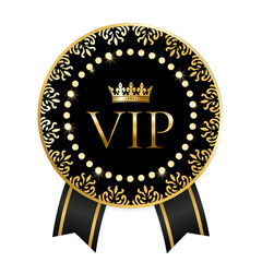 Luxury VIP Badge with Crown and Ornate Border. Black Gold Ribbon Emblem