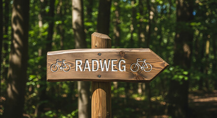 Wooden Radweg Sign Directing Towards Bicycle Path In A Forest with Green Foliage