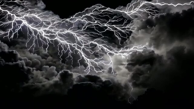 Dramatic lightning streaks illuminate a stormy, dark sky filled with voluminous clouds