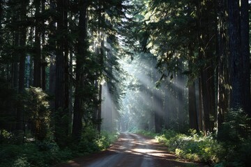 Obraz premium Ethereal Sunbeams Pierce Dense Redwood Forest Canopy, Illuminating Forest Path.