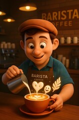 Cute Barista Making Latte Art in Cozy Coffee Shop – 3D Cartoon Illustration