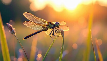 A detailed macro shot of a dragonfly resting on a green stem, illuminated by the soft glow of a sunset.