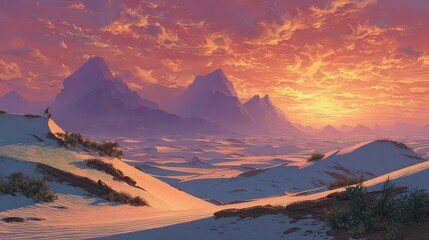 Abstract Golden Hour Over Pixelated Sand Dunes Landscape with Mountain Silhouettes and Orange Sky