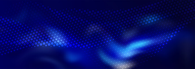 Abstract glowing wave lines on dark blue background with dynamic, flowing pattern. Ideal for futuristic technology designs and banners.